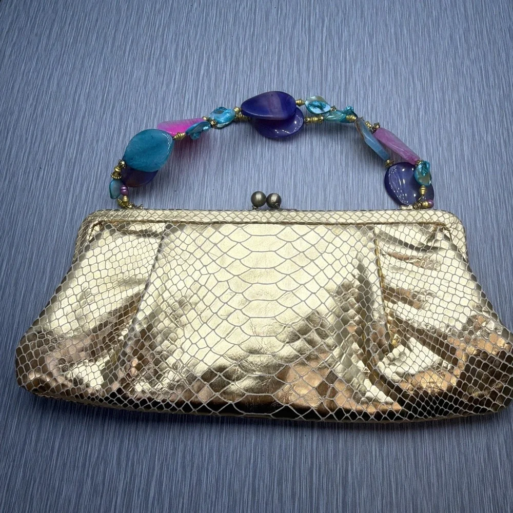 Donald J Pliner Gold‎ Metallic Clutch Bag Snakeskin Beaded Handle Evening